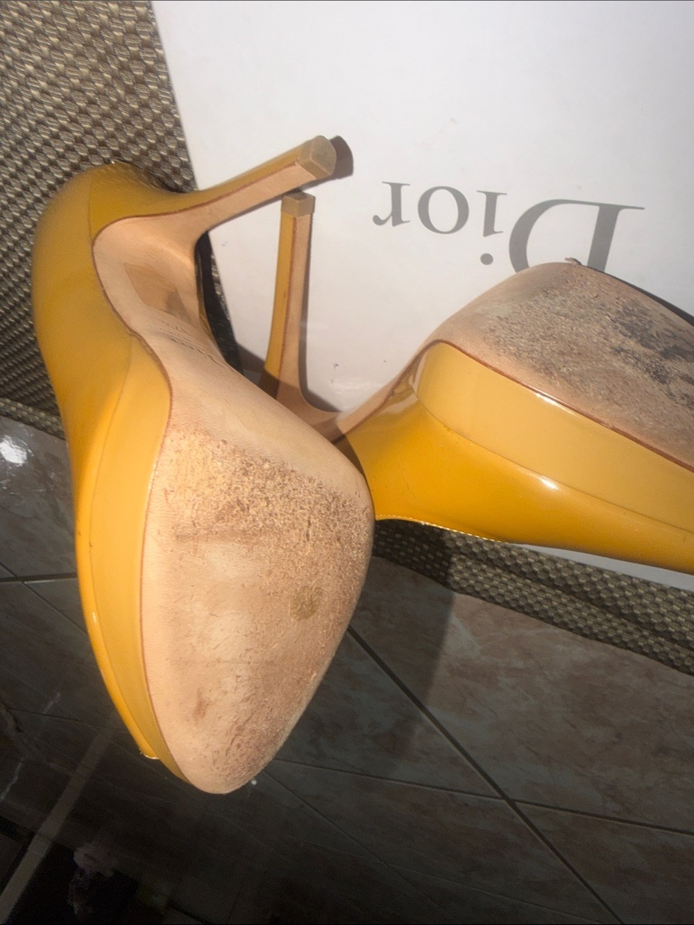 Dior Yellow Patent Leather Peep-Toe High Heels - Picture 6 of 7